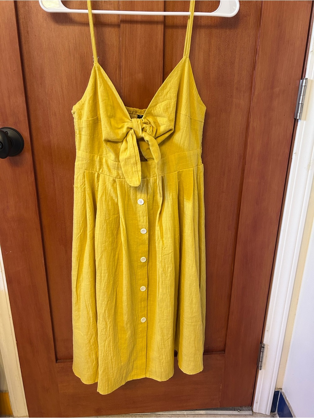 Fancyinn Yellow Tie-Front Button Midi Dress